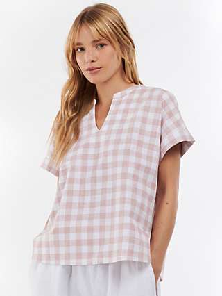 Barbour Stoneleigh Short Sleeve Check Cotton Top, White/Pink