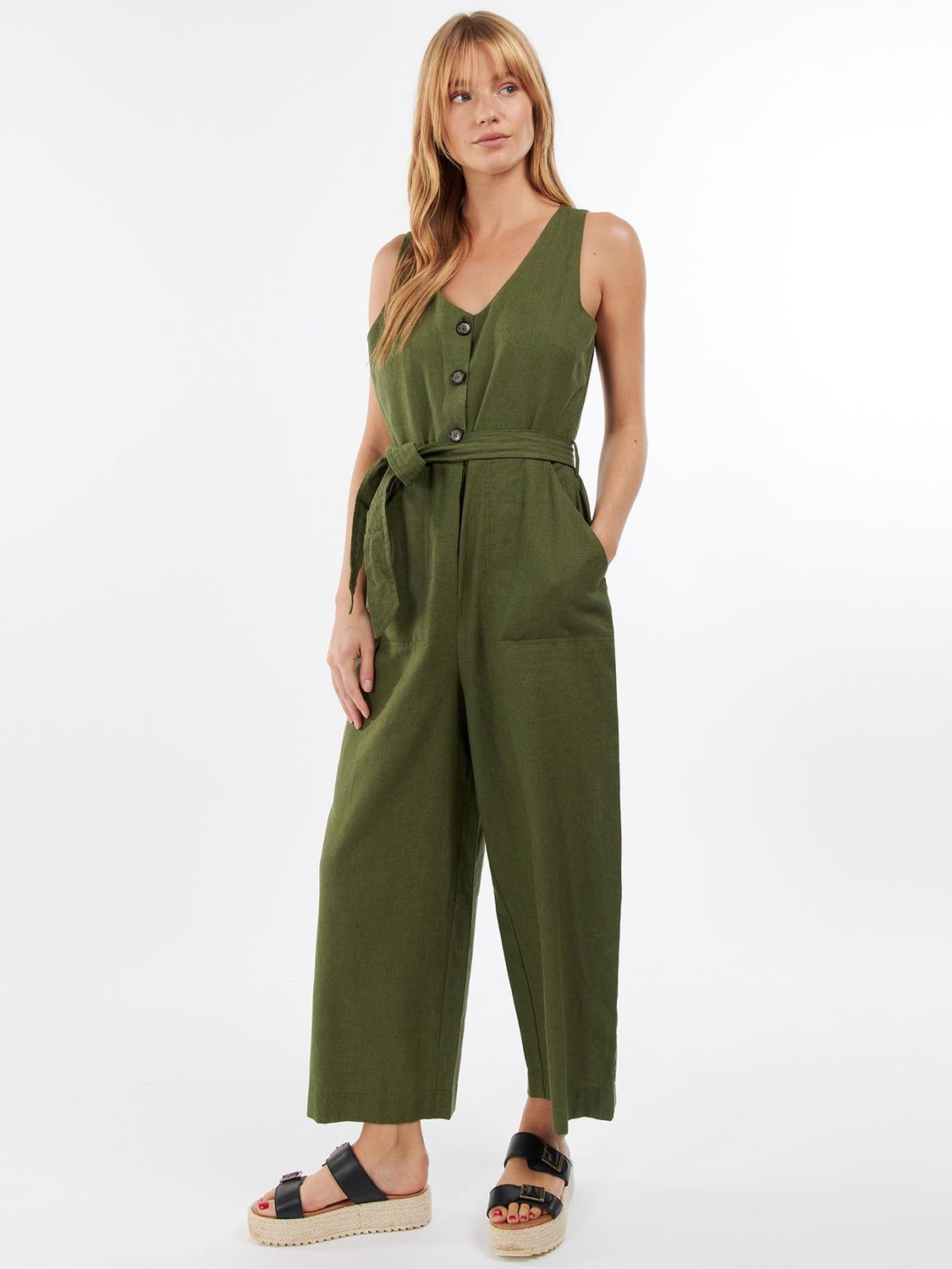 Barbour Amelda Tie Belt Cotton Linen Jumpsuit, Green