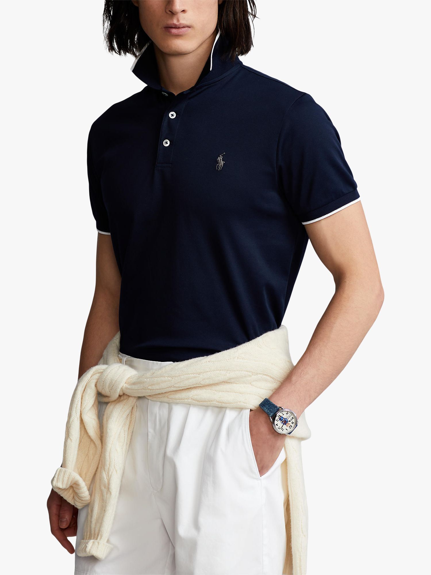 Polo Ralph Lauren Short Sleeve Tipped Polo Top, Navy at John Lewis &  Partners