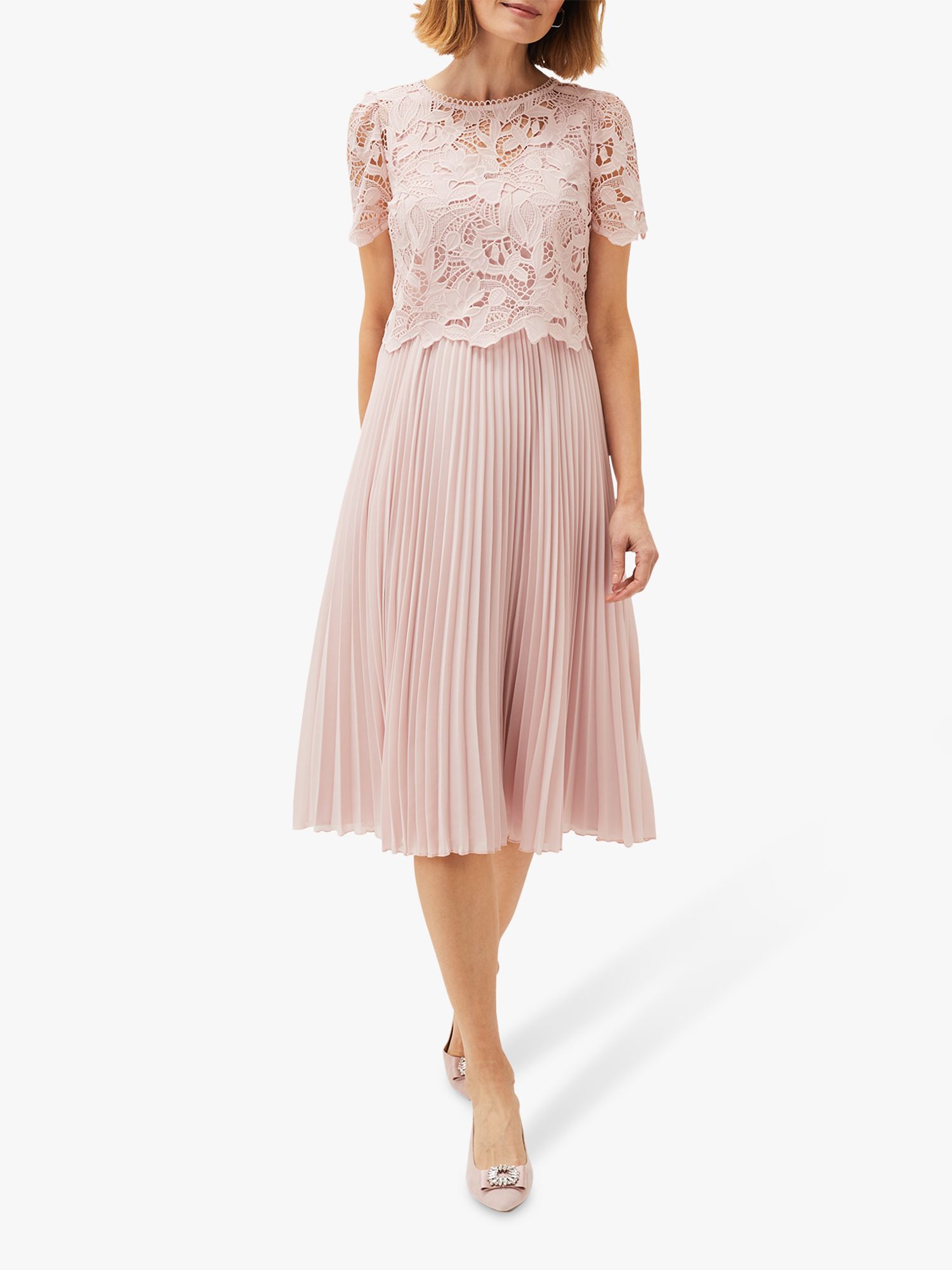 Phase Eight Samina Floral Lace Pleated Dress, Antique Rose
