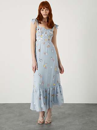 Monsoon Mary Embroidered Floral Midi Dress, Blue