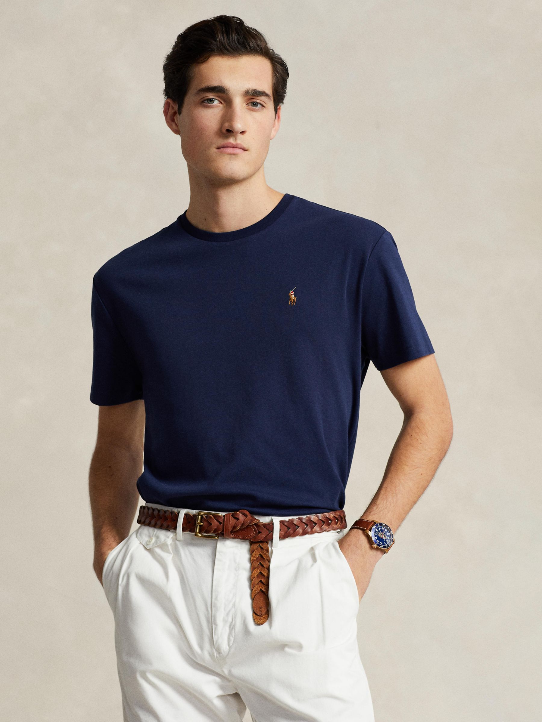 Polo Ralph Lauren Pima Cotton Custom Fit Crew Neck T-Shirt, Navy at John  Lewis & Partners