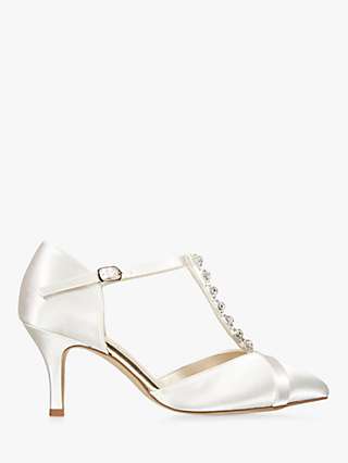 Paradox London Anika Satin Mid Heel Crystal T-Bar Court Shoes, Ivory