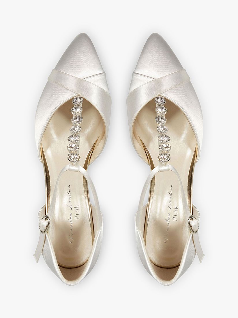 Paradox London Anika Satin Mid Heel Crystal T-Bar Court Shoes, Ivory at ...