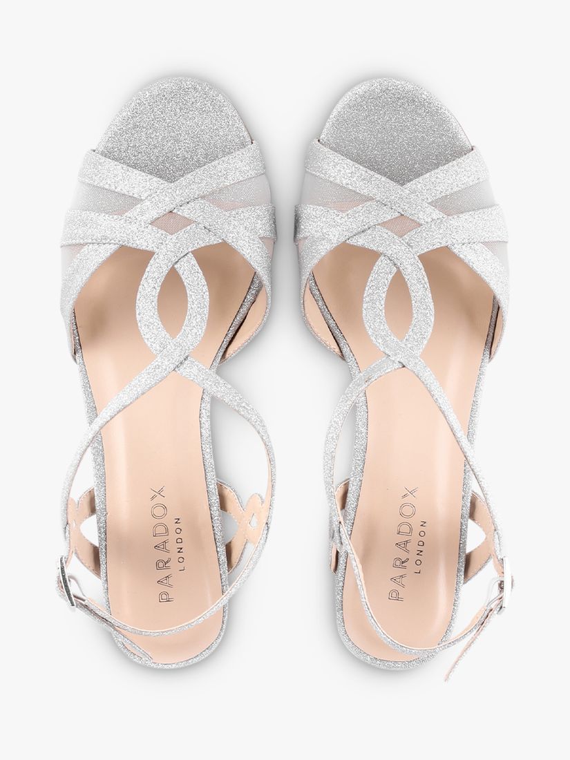 Paradox London Nelly Wide Fit Glitter T-Bar Sandals, Silver, 3