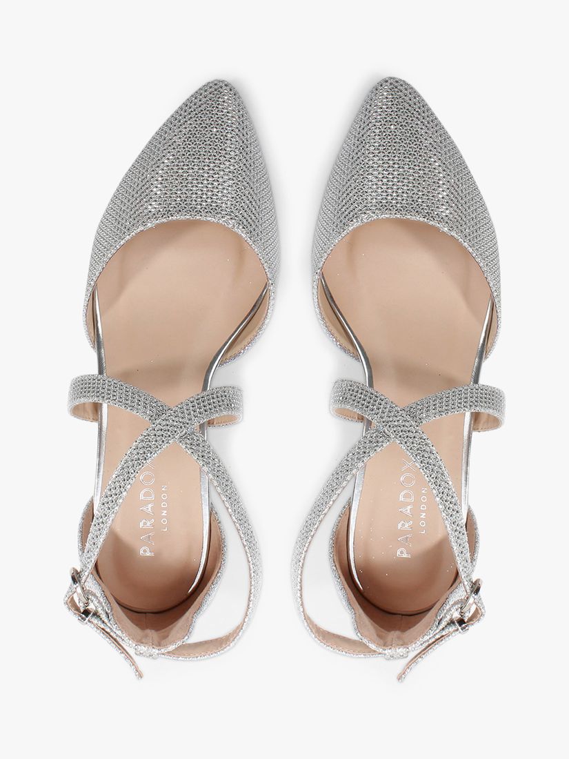 Paradox London Francis Wide Fit Glitter Block Heel Court Shoes, Silver, 3