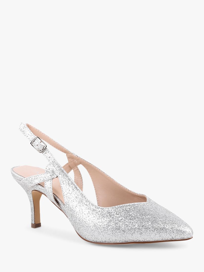 Paradox London Flavia Glitter Wide Fit Mid Heel Slingback Shoes, Silver ...