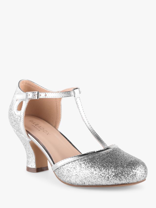Paradox London Joanna Glitter Low Heel T-Bar Court Shoes, Silver, 3