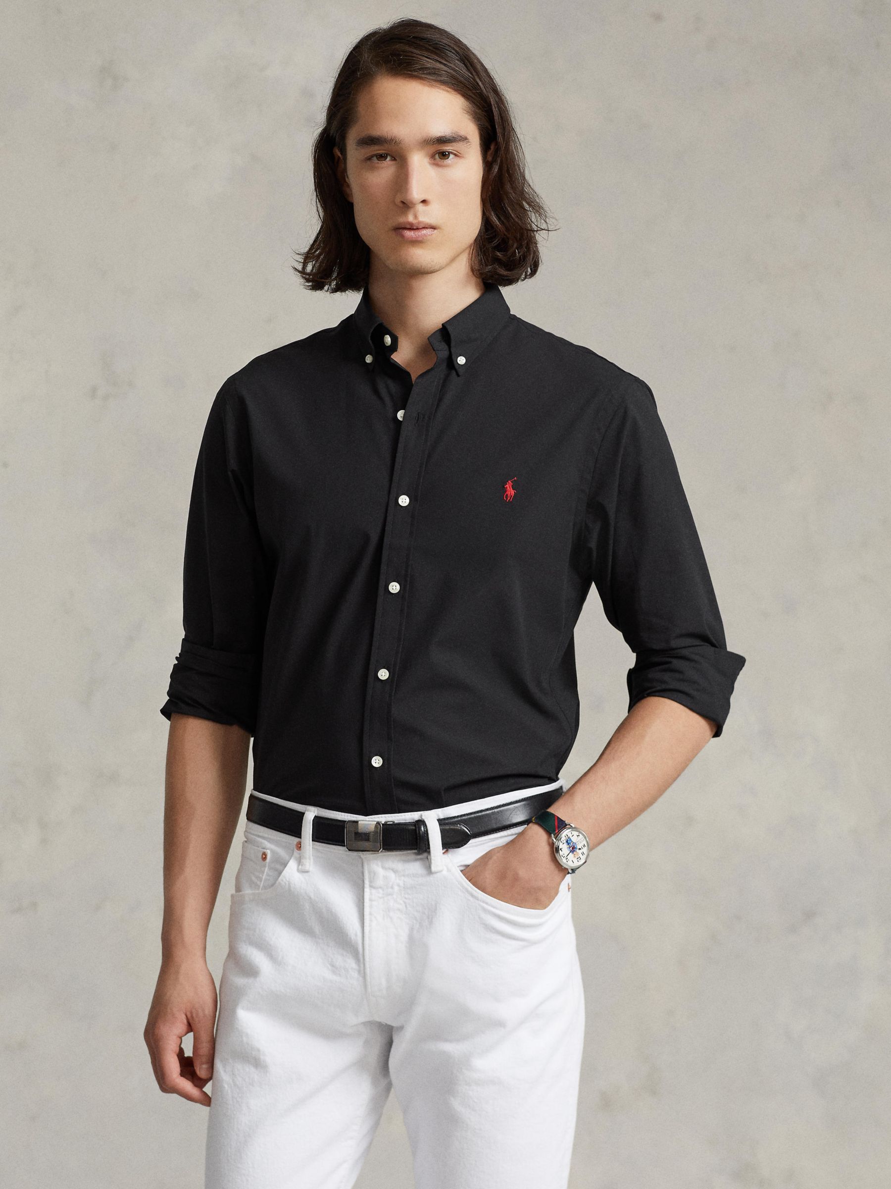 Polo Ralph Lauren Poplin Slim Shirt, Black at John Lewis & Partners