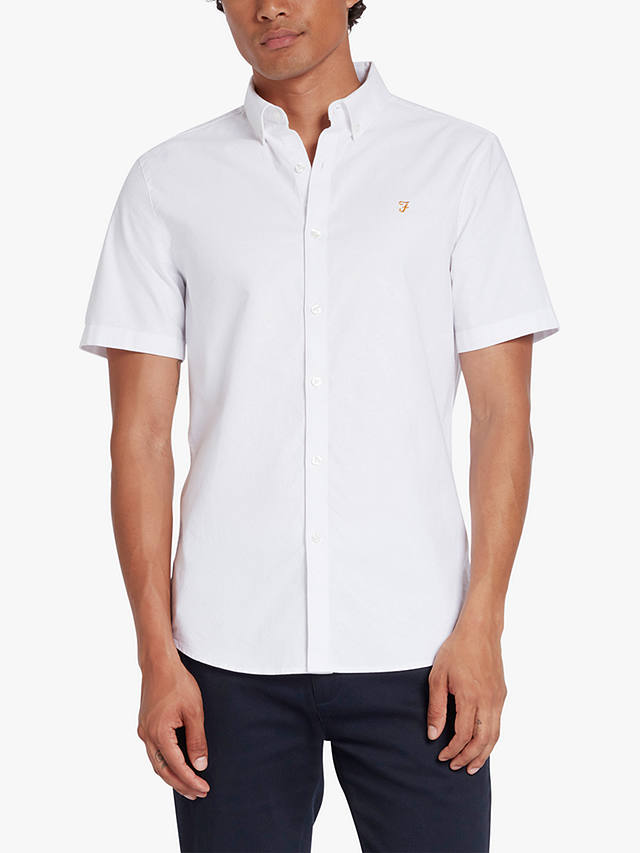 Farah Brewer Slim Fit Short Sleeve Organic Cotton Oxford Shirt, White
