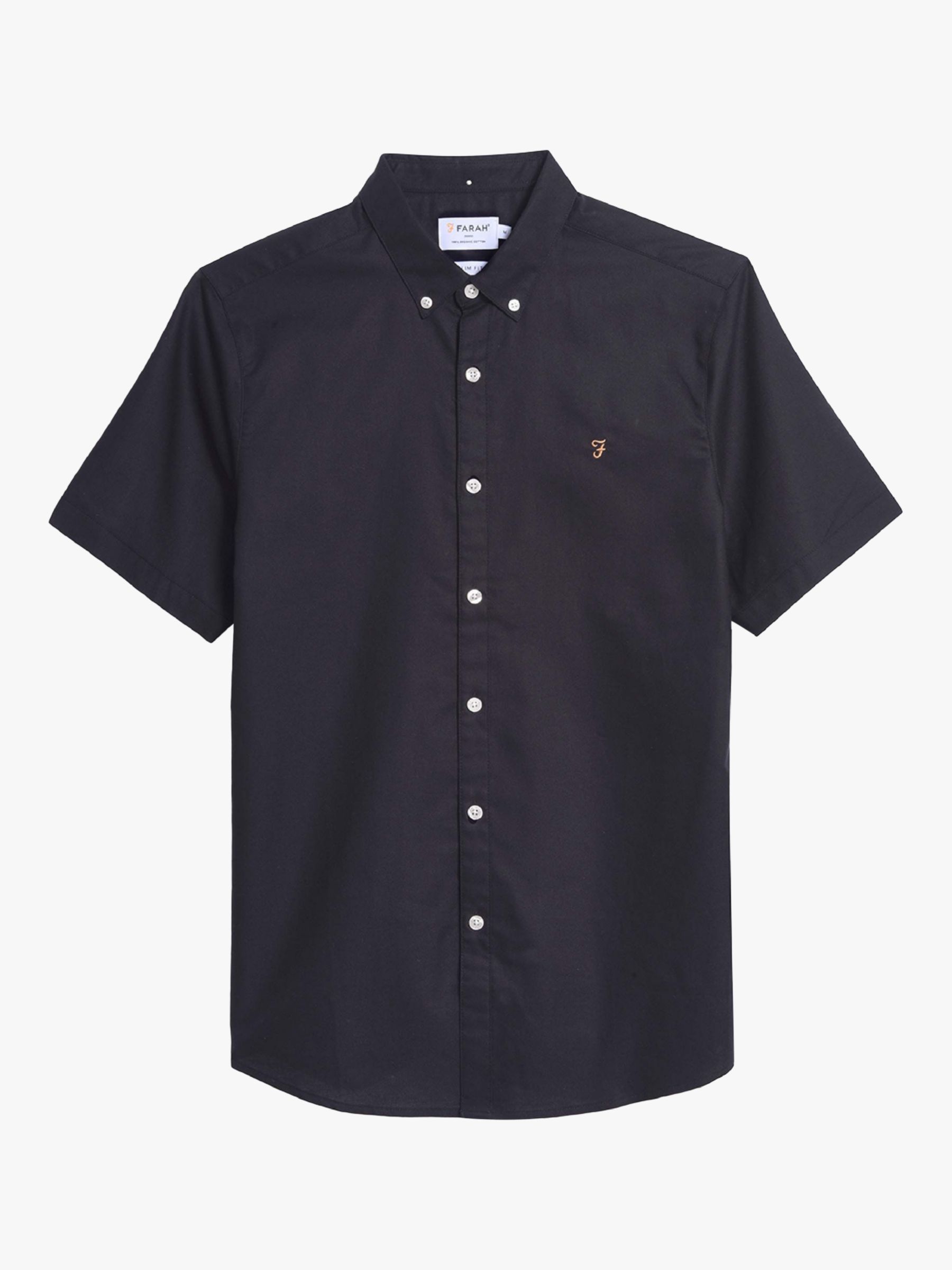 Farah Brewer Slim Fit Short Sleeve Organic Cotton Oxford Shirt, Navy, S