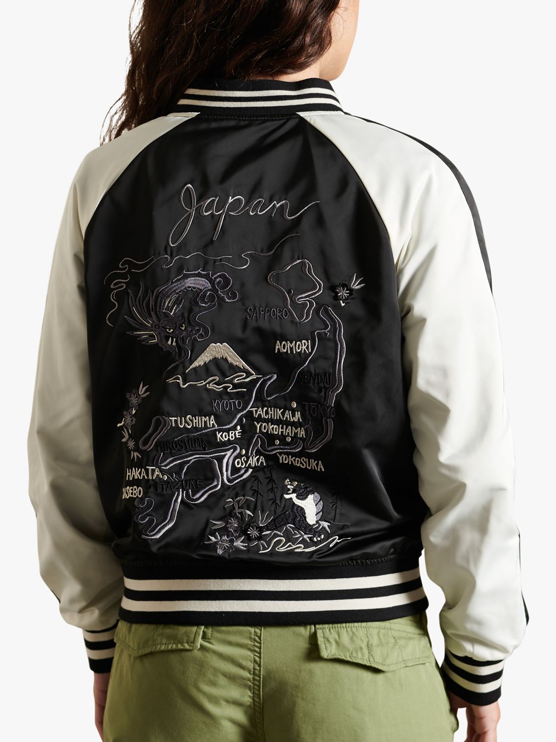 Superdry & Vintage Suika Japan Embroidered Bomber Jacket, Black at John Lewis & Partners