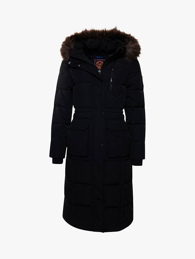 Superdry Original & Vintage Everest Long Line Faux Fur Parka Jacket, Black