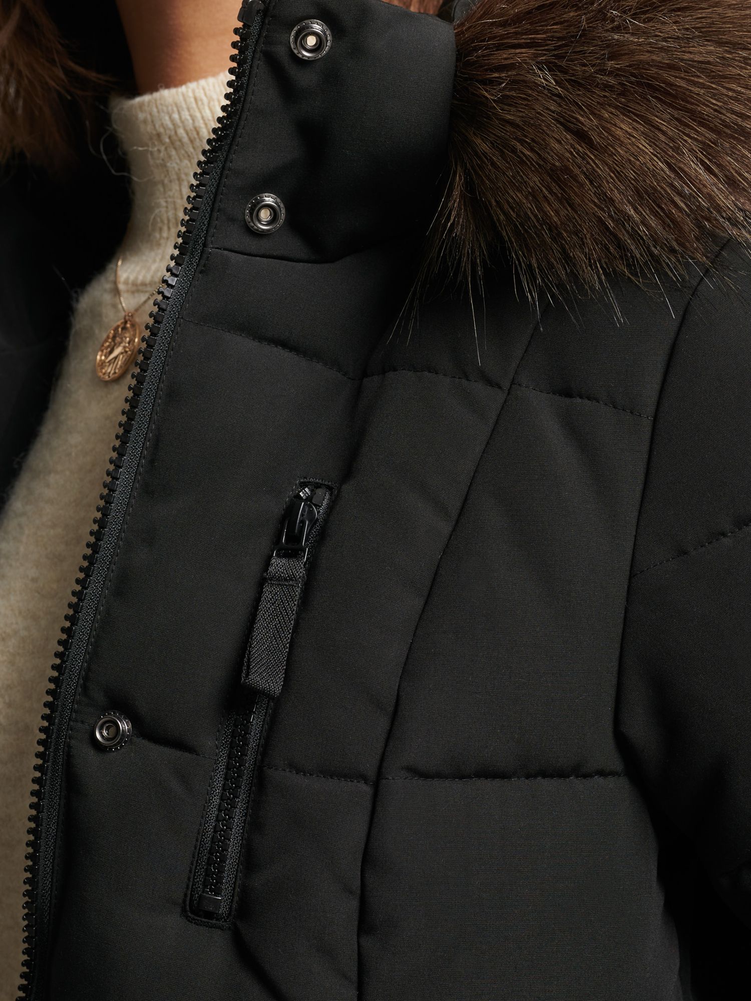 Superdry Original & Vintage Everest Long Line Faux Fur Parka Jacket, Black, 8