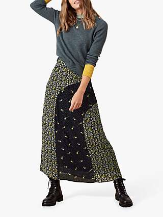 Brora Silk Floral Patch Print Maxi Skirt, Midnight/Turmeric