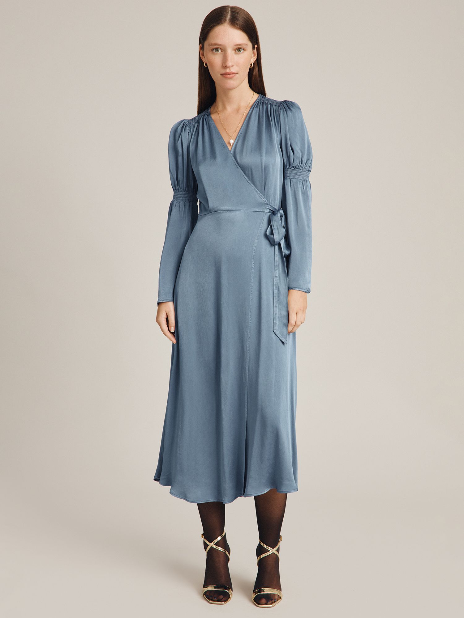 Ghost Maeve Satin Wrap Dress, Slate Blue at John Lewis & Partners