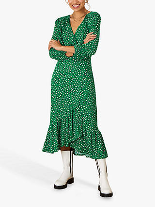 Monsoon Polka Dot Midi Wrap Dress, Green