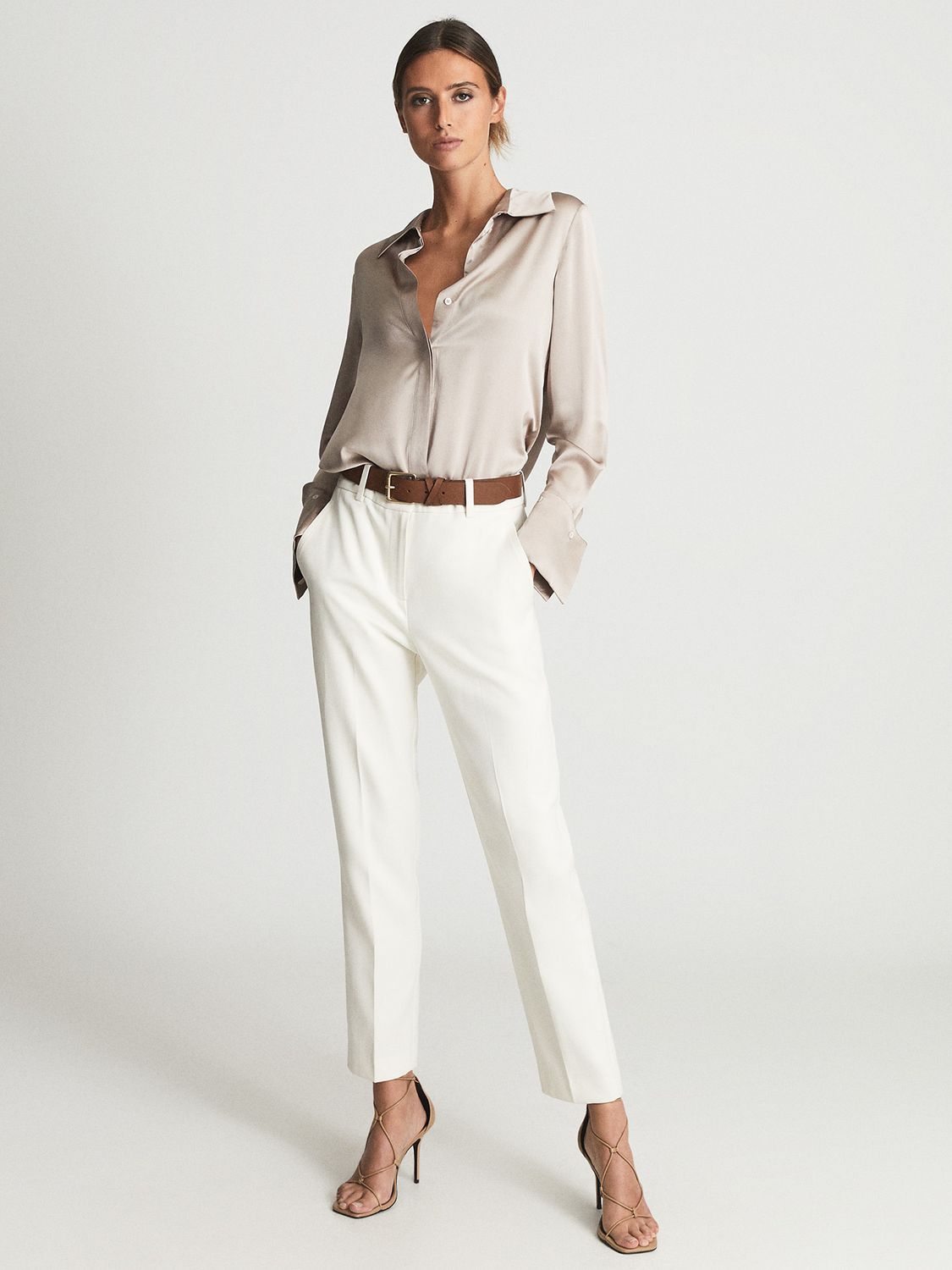 Reiss Petite Hailey Plain Long Sleeve Silk Shirt, Champagne