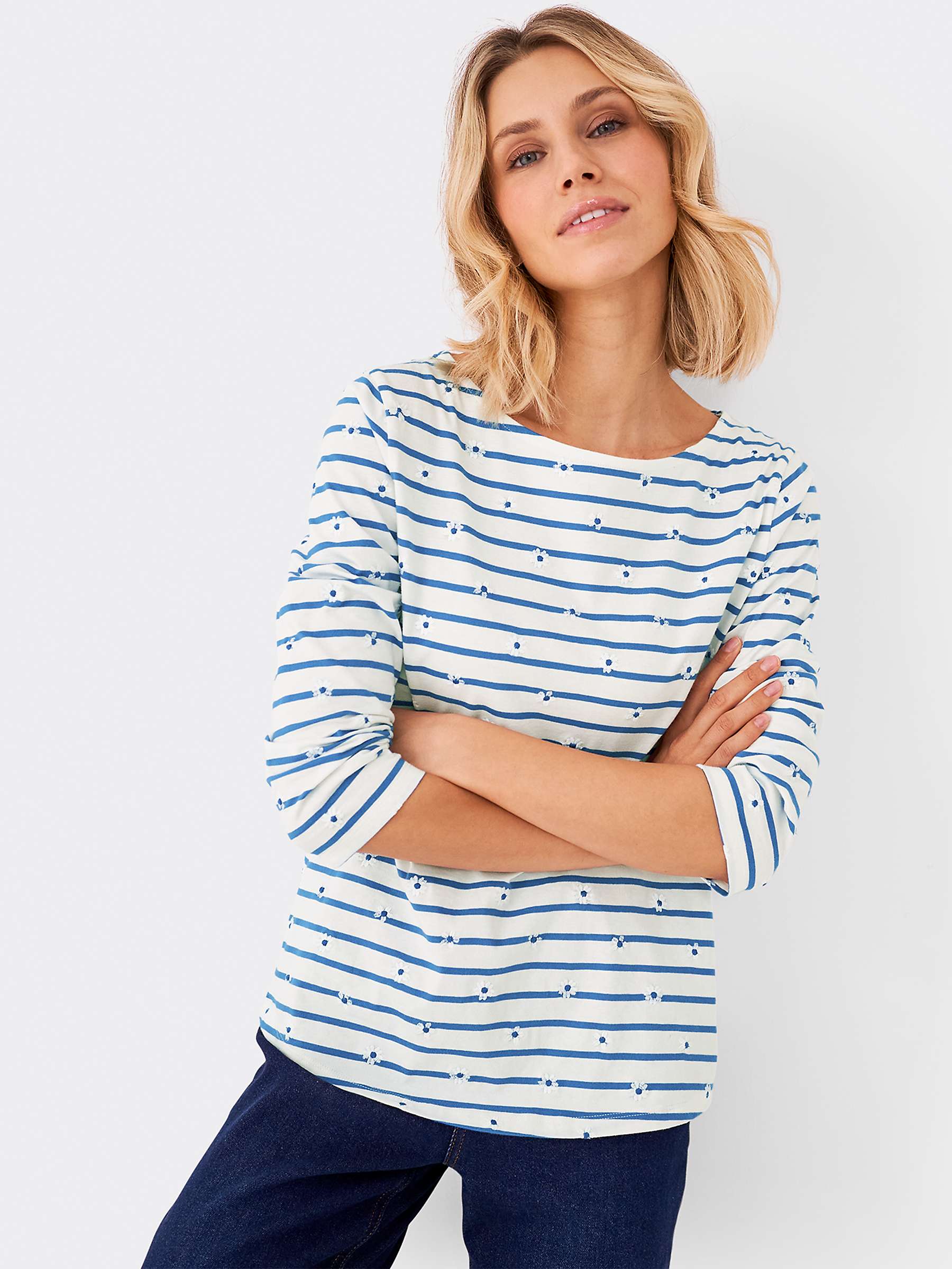 Crew Clothing Essential Breton Stripe Floral T-Shirt, Light Blue at ...