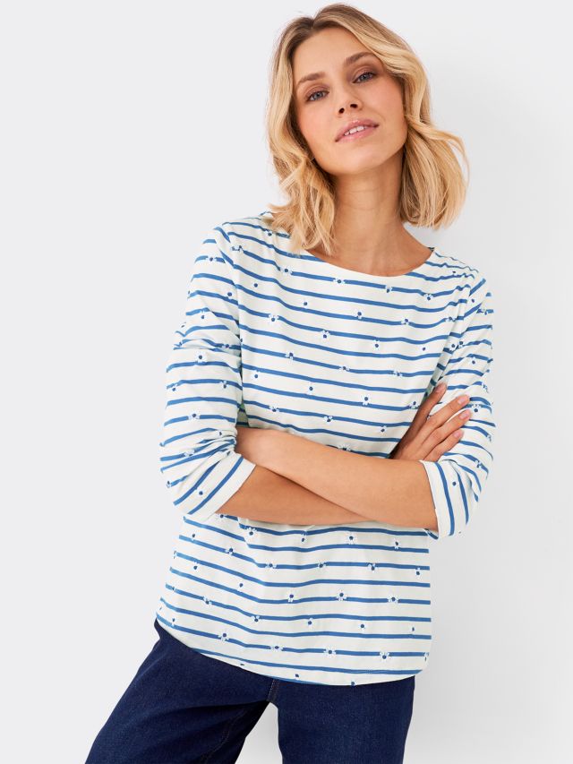 Crew Clothing Essential Breton Stripe Floral T-Shirt , Light Blue, 8