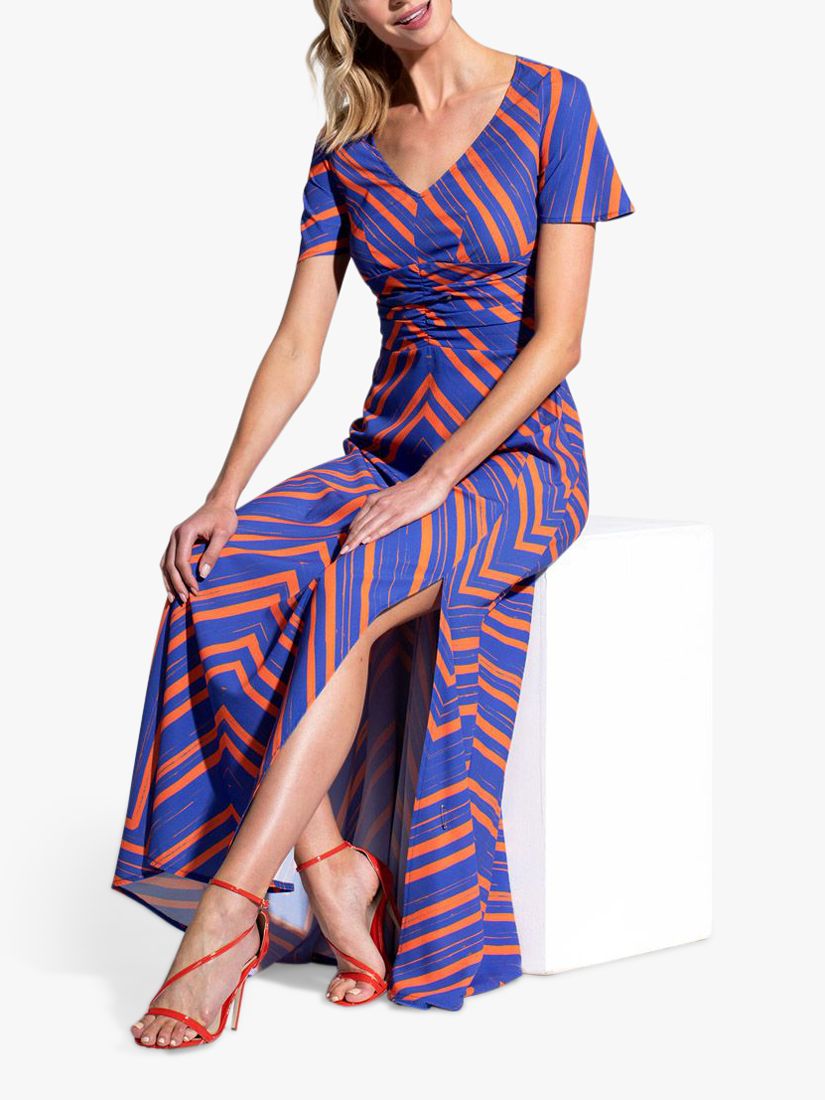 HotSquash Chevron Print Ruched Waist Crepe Maxi Dress, Blue/Orange, 8