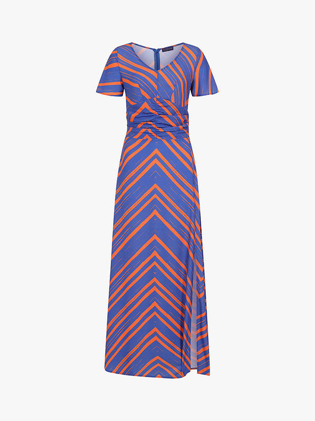 HotSquash Chevron Print Ruched Waist Crepe Maxi Dress, Blue/Orange