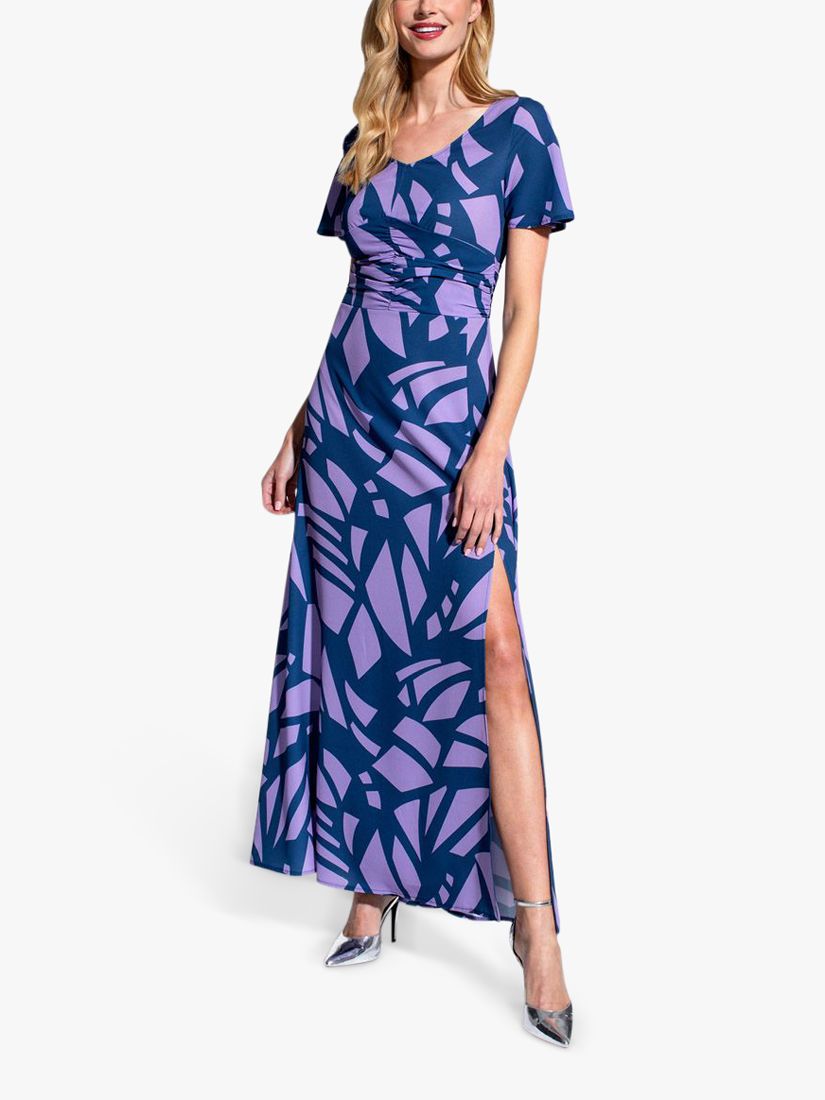 HotSquash Abstract Print Ruched Waist Crepe Maxi Dress, Matisse Navy/Lilac