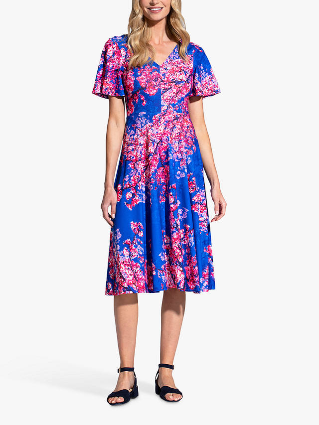 HotSquash Cherry Blossom Flared Midi Dress, Blue/Multi