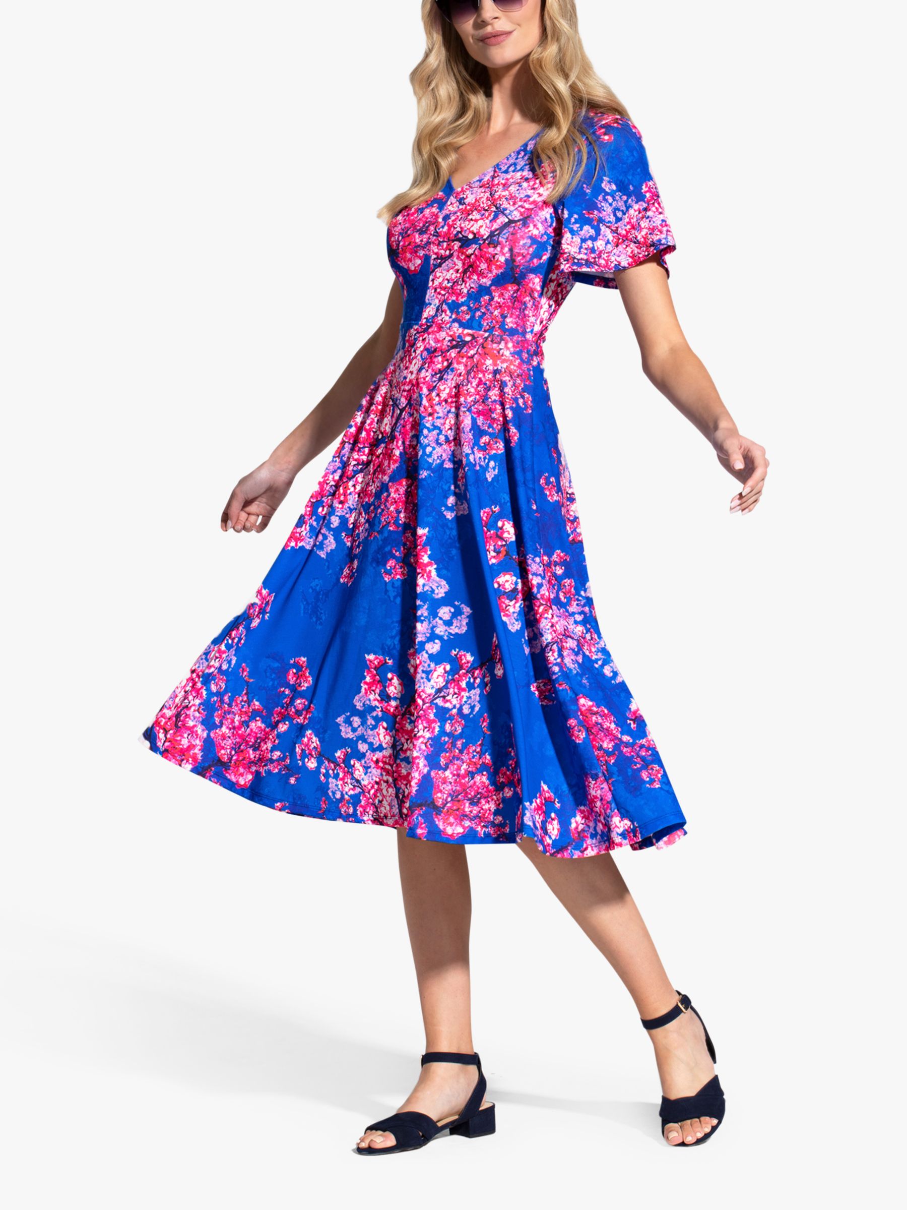 HotSquash Cherry Blossom Flared Midi Dress, Blue/Multi, 8