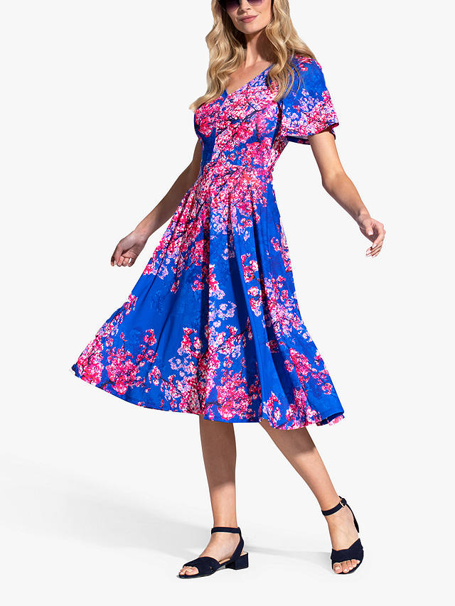 HotSquash Cherry Blossom Flared Midi Dress, Blue/Multi