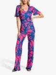 HotSquash Geometric Print V-Neck Straight Leg Jumpsuit, Coral/Teal