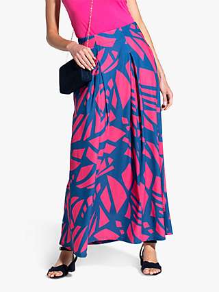 HotSquash Abstract Box Pleat Maxi Skirt, Matisse Teal/Pink