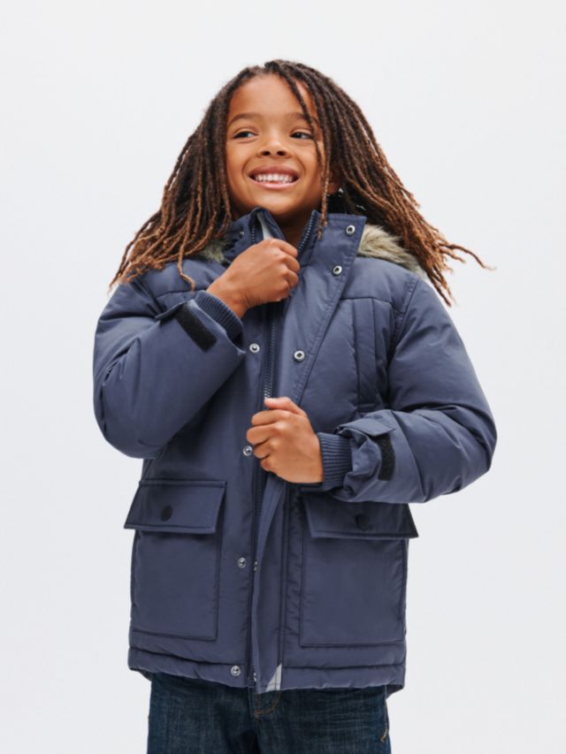 John Lewis Kids' Plain Faux Fur Hood Parka Jacket, Navy, 2 years