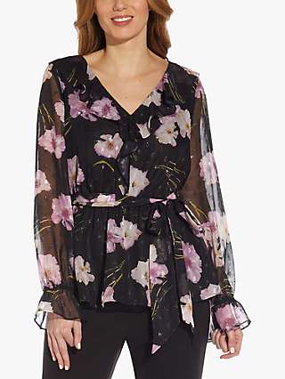 Adrianna Papell Blouson Sleeve Floral Chiffon Blouse, Black/Multi