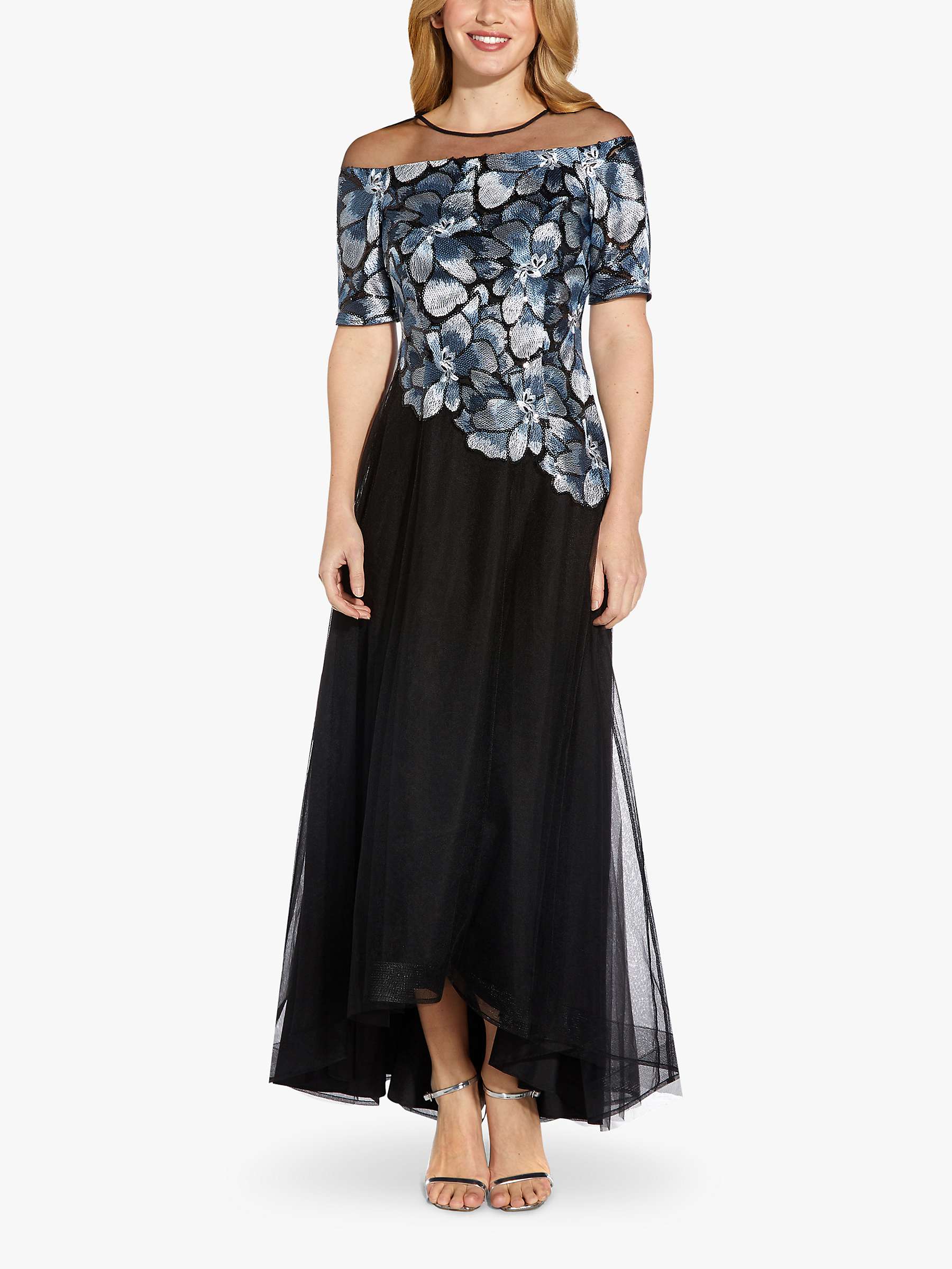 Adrianna Papell Embroidered Floral Tulle Maxi Dress, Blue/Black at John ...