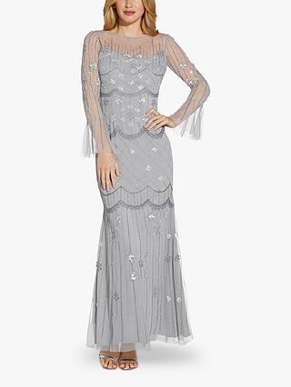 Adrianna Papell Beaded Mesh Covered Dress, Silver Mist