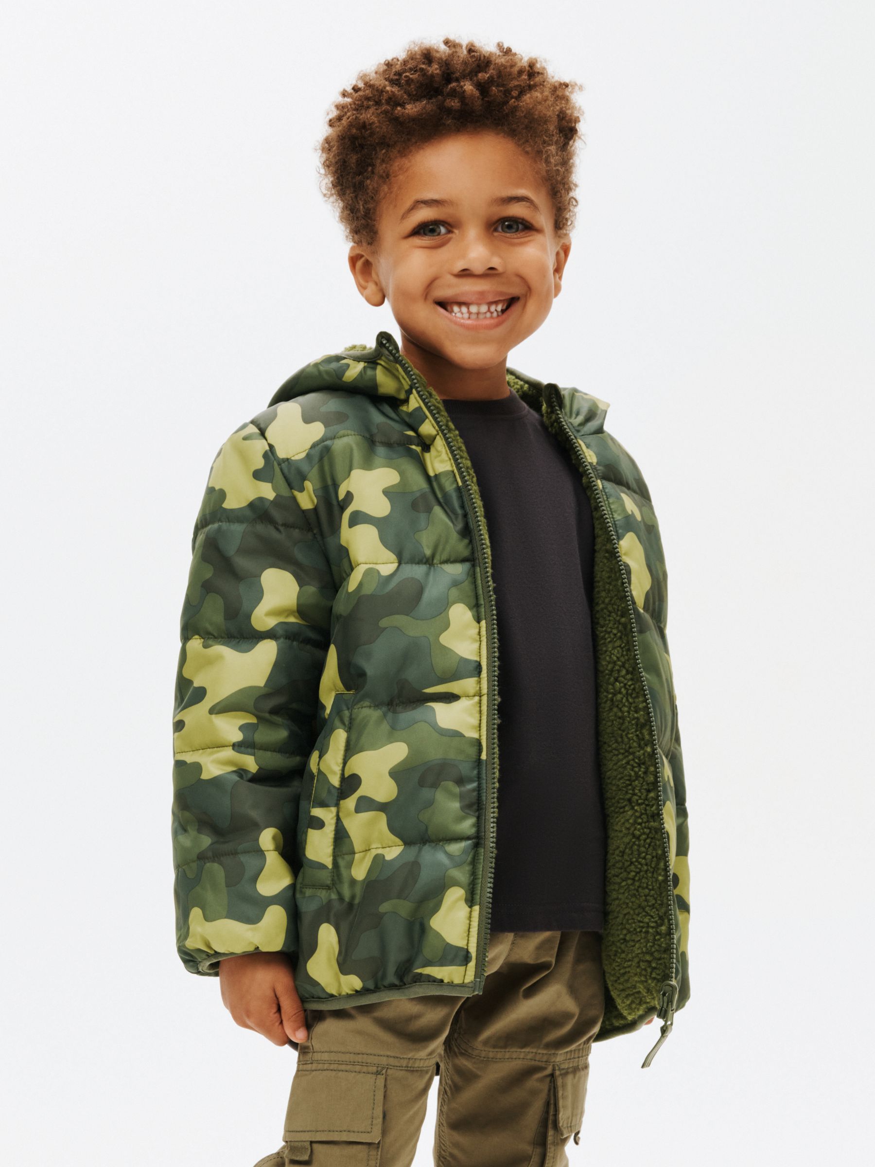 John Lewis Kids' Quilted Borg & Camouflage Reversible Jacket, Green, 2 ...