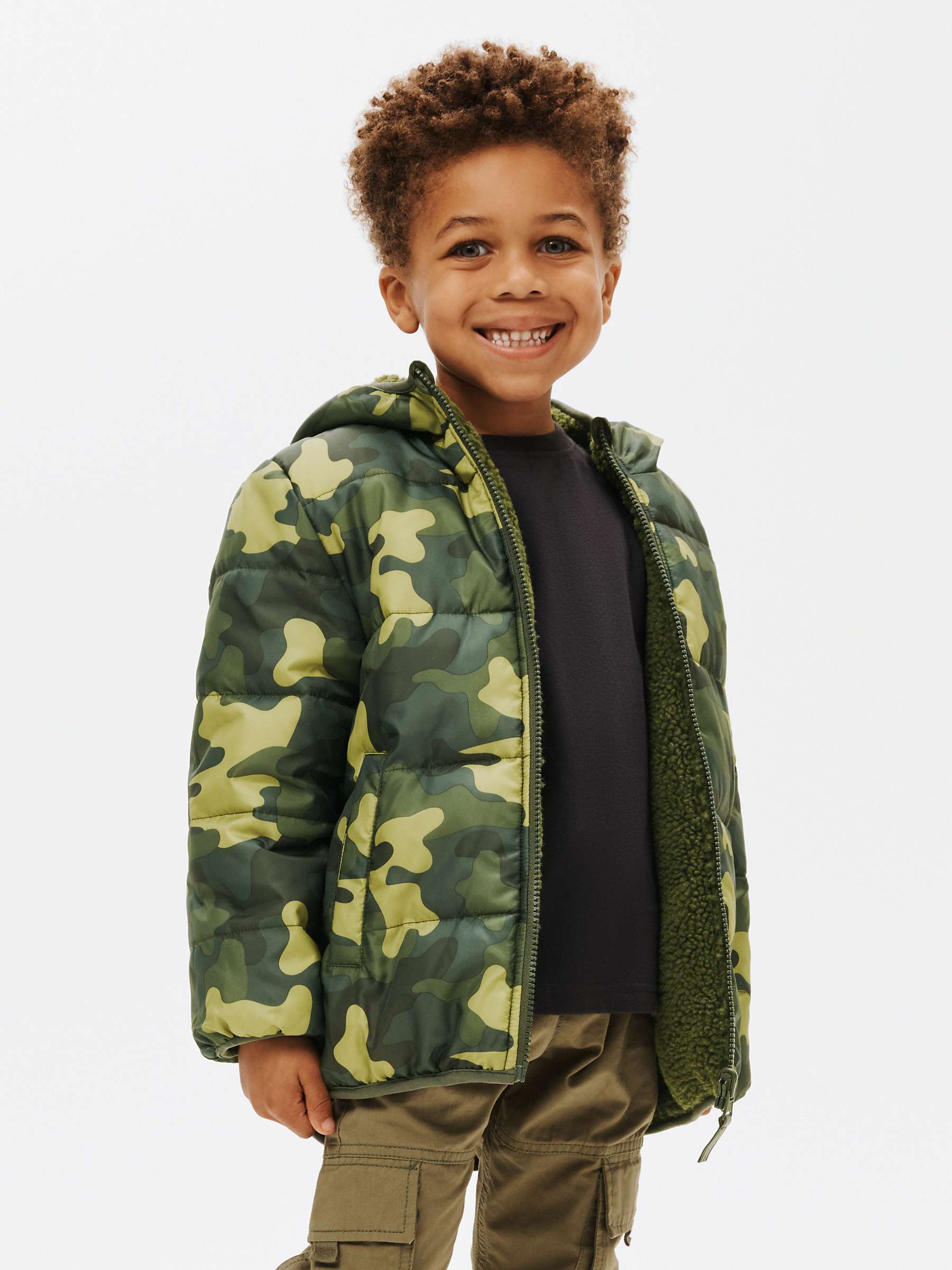 John Lewis Kids' Quilted Borg & Camouflage Reversible Jacket, Green at ...