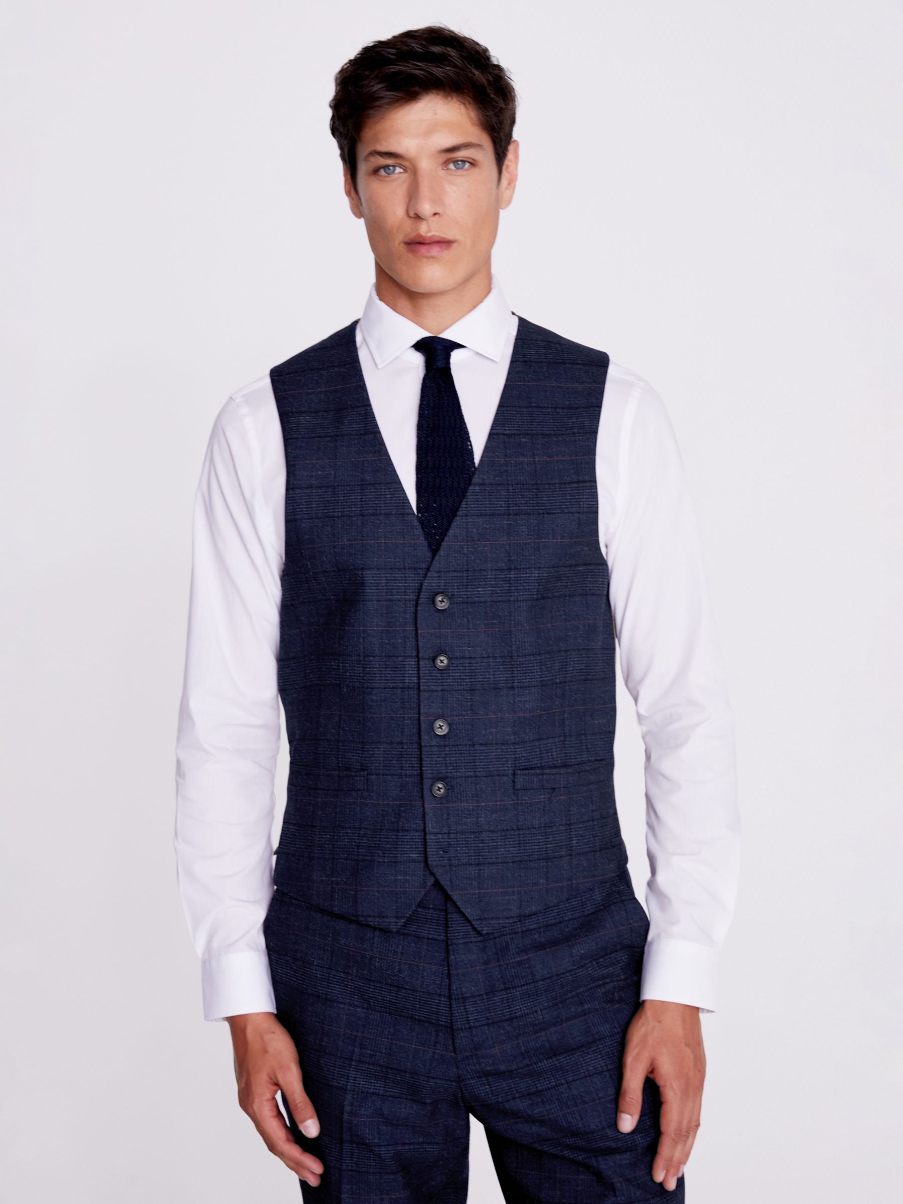 Moss Tailored Fit Check Waistcoat, Navy, 34R