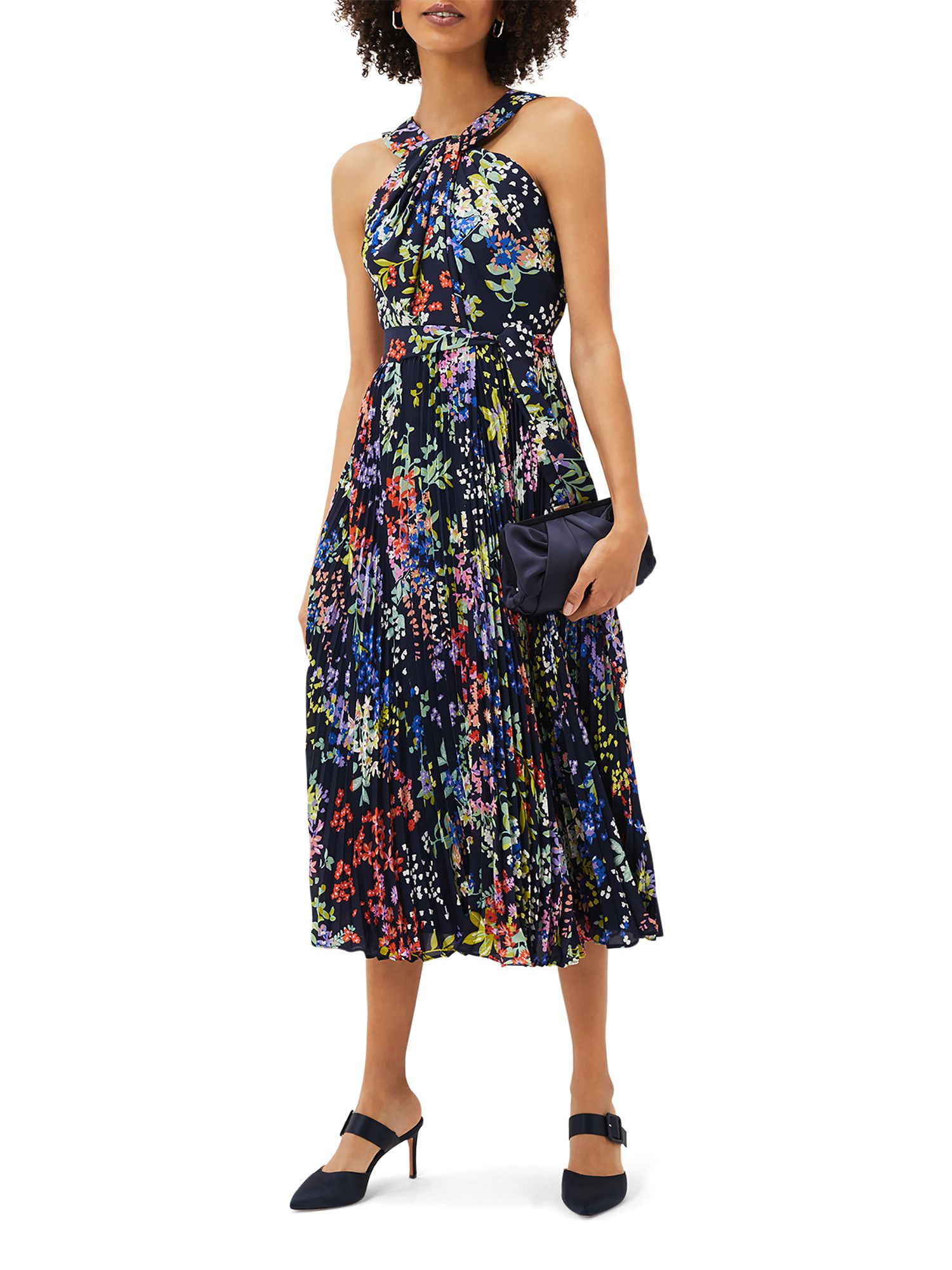 Phase Eight Fenella Floral Print Long Sleeve Pleated Dress, French Navy ...