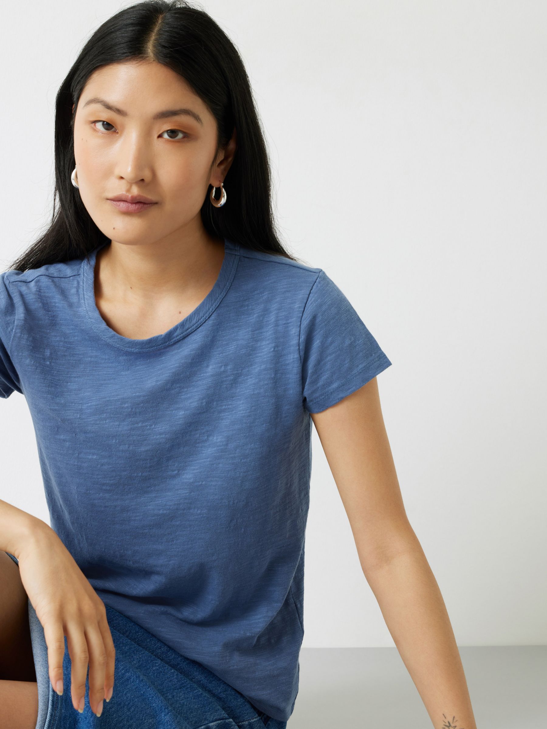 HUSH Slim Fit Cotton Crew Neck T-Shirt, Denim Blue at John Lewis & Partners