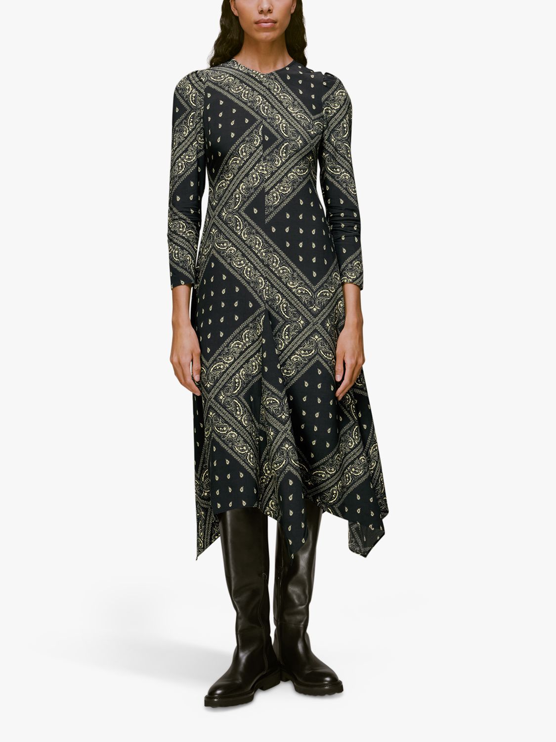 Whistles Bandana Print Midi Dress, Black/Multi at John Lewis