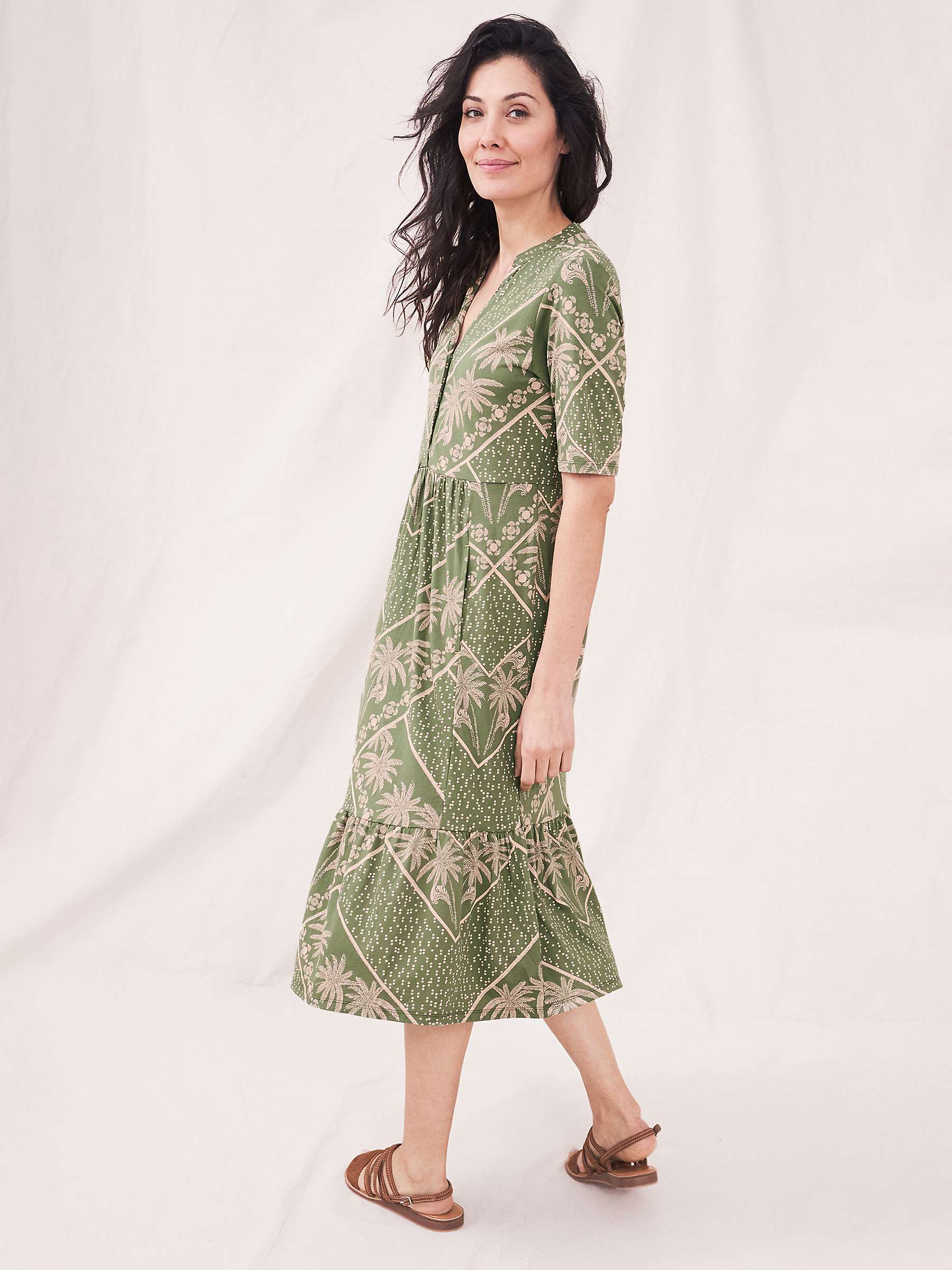 White Stuff Naya Geometric Palm Print Jersey Midi Dress, Green/Multi at ...