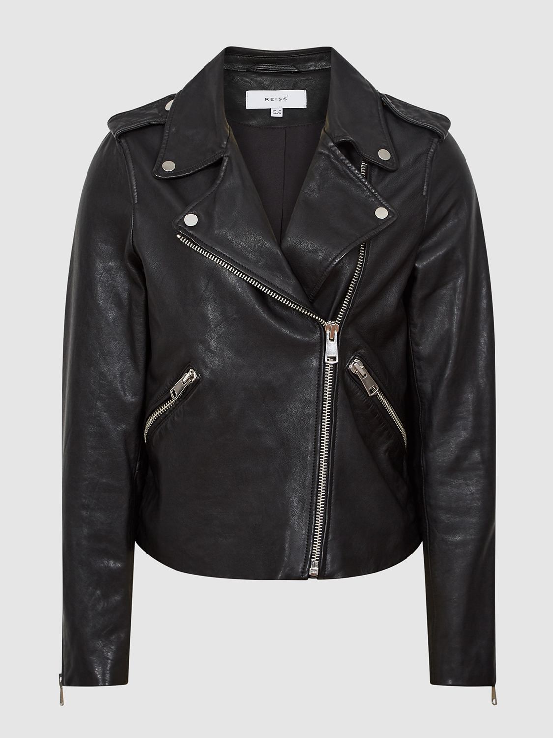 Reiss Gigi Leather Biker Jacket, Black at John Lewis & Partners