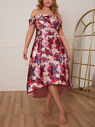 Chi Chi London Curve Bardot Floral Print Dip Hem Dress, Pink
