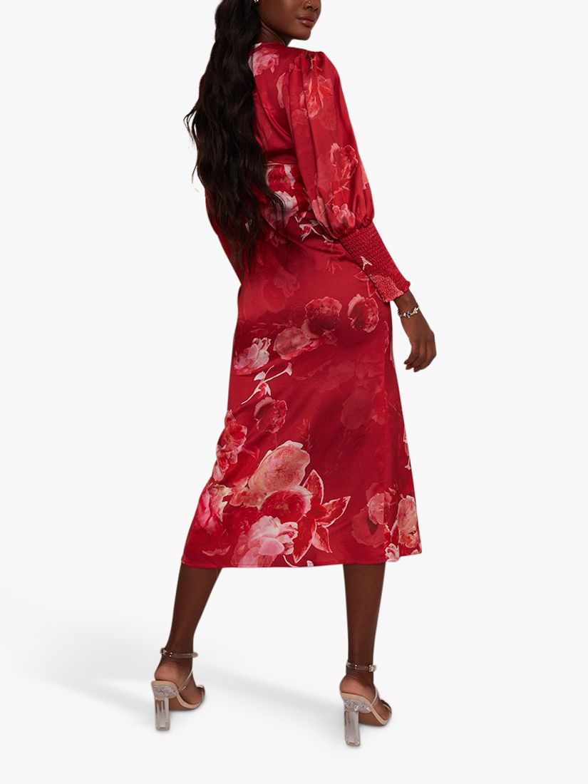 Chi Chi London Puff Sleeve Floral Print Midi Dress, Red at John Lewis &  Partners