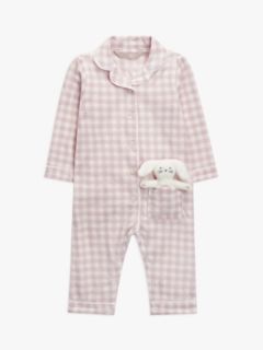 John Lewis Baby Gingham Bunny Soft Toy Romper Pyjamas, Pink, 3-6 months