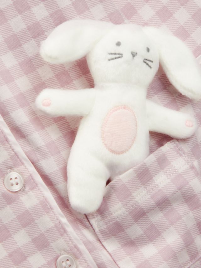 John Lewis Baby Gingham Bunny Soft Toy Romper Pyjamas, Pink, 3-6 months