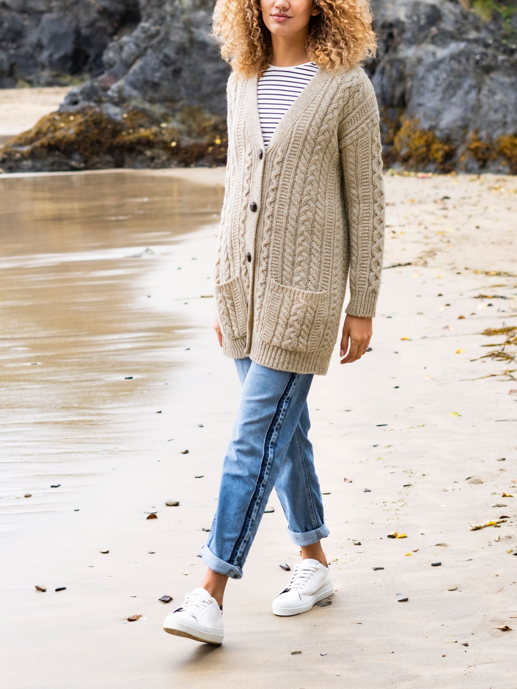 Celtic & Co. Cable Boyfriend Wool Cardigan, Oatmeal at John Lewis