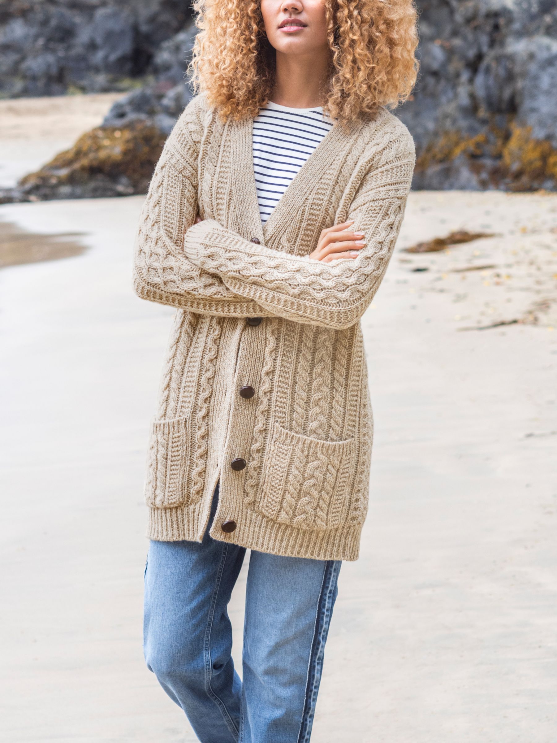 Celtic & Co. Cable Boyfriend Wool Cardigan, Oatmeal at John Lewis